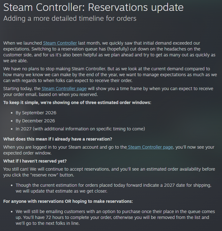 Steam controller orders could take until 2027 for some